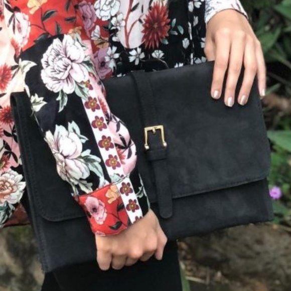 Luxury Leather Suede Black Envelope Bag NEW